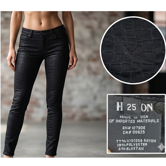 Hudson Denim - Hudson Barbara High Waist Super Skinny Jeans Size 25‎ Black Croc Print Textured
